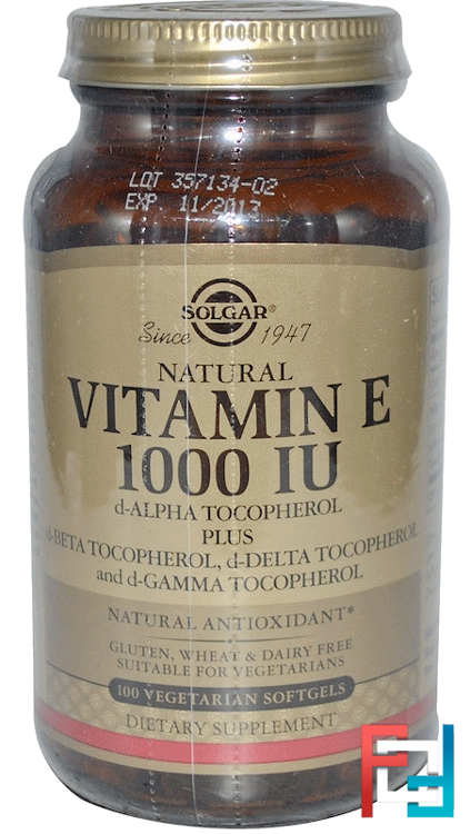 Natural Vitamin E, 1000 IU, d-Alpha Tocopherol & Mixed Tocopherols, Solgar, 100 Vegetarian Softgels