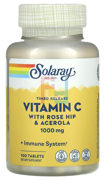 Витамин C с медленным высвобождением, шиповник и ацерола, Vitamin C, Two-Stage Timed-Release, Solaray, 1000 mg, 100 Tablets