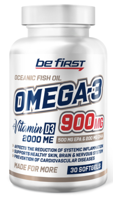 Omega-3 900 mg + Vitamin D3 2000 IU (омега-3 900 мг + витамин Д3 2000МЕ), Be First, 30 gel capsules