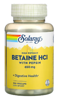 High Potency Betaine HCL with Pepsin, Solaray, 650 mg, 100 VegCaps