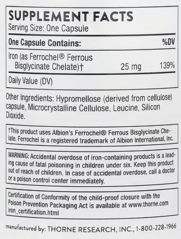 Железо (в виде хелата бисглицината железа Ferrochel®)† 25 мг, Iron Bisglycinate, Thorne Research, 25 mg, 60 Vegetarian Capsules