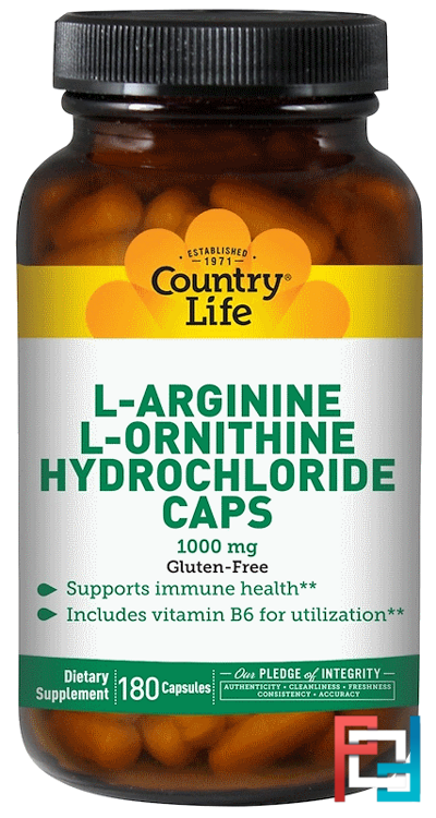 L-Arginine L-Ornithine Hydrochloride Caps, Country Life, 1000 mg, 180 Capsules