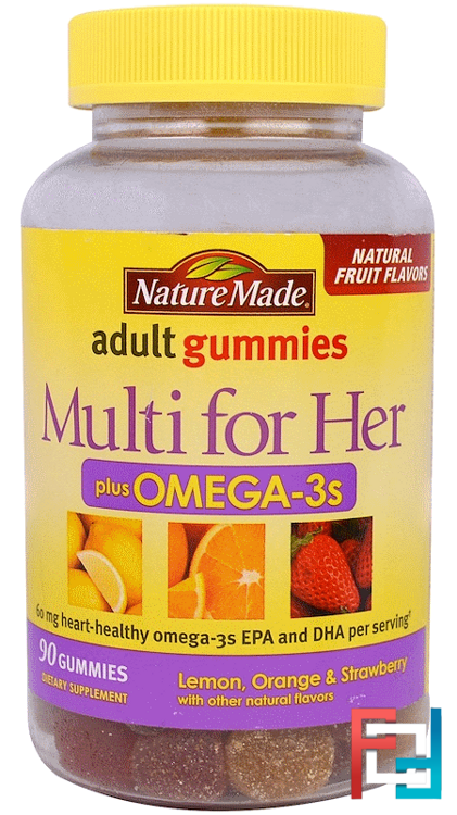 Adult Gummies, Multi For Her Plus Omega-3s, Lemon, Orange & Strawberry Flavors, Nature Made, 90 Gummies