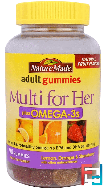 Adult Gummies, Multi For Her Plus Omega-3s, Lemon, Orange & Strawberry Flavors, Nature Made, 90 Gummies