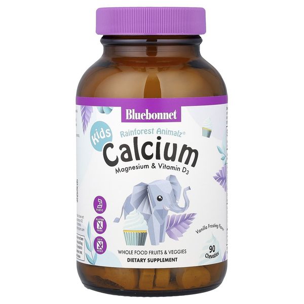 Кальций, магний и D3 для детей, Bluebonnet Nutrition — Rainforest Animalz, 90 жевательных таблеток