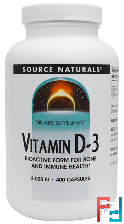 Vitamin D-3, 2,000 IU, Source Naturals, 400 Capsules