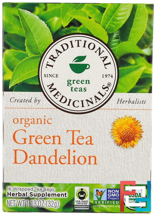 Green Teas, Organic Green Tea Dandelion, Traditional Medicinals, 16 Wrapped Tea Bags, 1.13 oz, 32 g