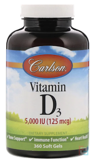 Vitamin D3, Carlson Labs, 5,000 IU, 360 Soft Gels