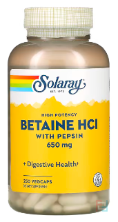 High Potency Betaine HCl with Pepsin, Solaray, 650 mg, 250 VegCaps