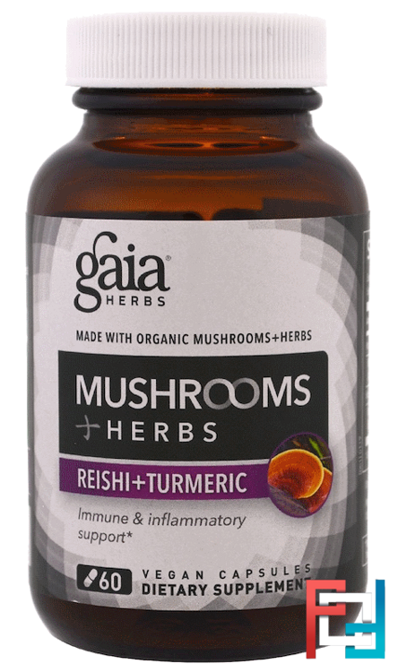 Mushroom + Herbs, Reishi + Turmeric, Gaia Herbs, 60 Veggie Caps