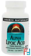 Alpha Lipoic Acid, Timed Release, 300 mg, Source Naturals, 60 Tablets