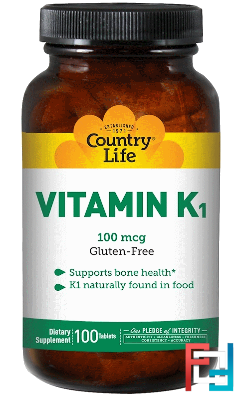 Vitamin K1, Country Life, 100 mcg, 100 Tablets