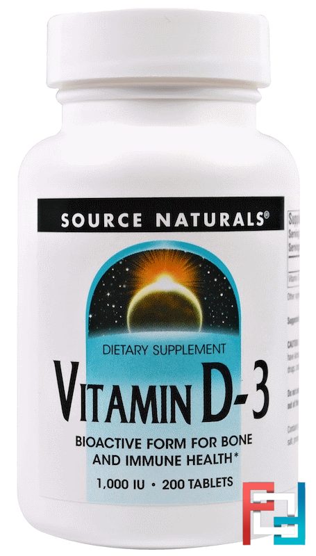 Vitamin D-3, 1,000 IU, Source Naturals, 200 Tablets