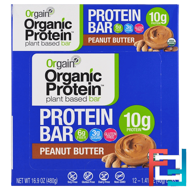 Organic Plant-Based Protein Bar, Peanut Butter, Orgain, 12 Bars, 1.41 oz (40 g) Each