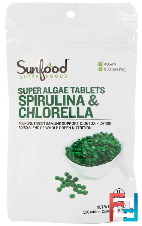 Spirulina & Chlorella, Super Algae Tablets, Sunfood, 250 mg, 228 Tablets