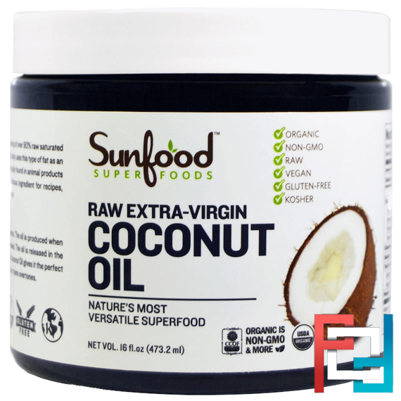 Coconut Oil, Raw Extra-Virgin, Sunfood, 16 fl oz (473.2 ml)