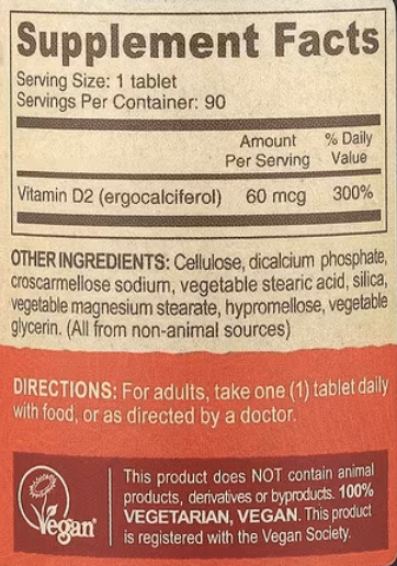 Веганский витамин Д2  (эргокальциферол), 60 мкг (2400 МЕ), Vitamin D2 (ergocalciferol), D2, Vegan, Deva, 60 mcg, 2400 IU, 90 Tablets