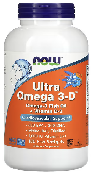 Ультраомега-3 с витамином Д, 600 ЭПК / 300 ДГК, Ultra Omega 3-D, 600 EPA / 300  DHA, Now Foods, 180 Softgels