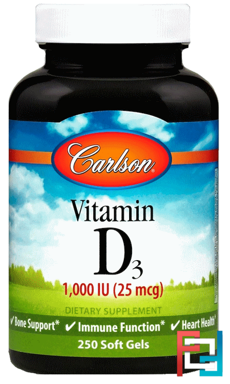 Vitamin D3, Carlson Labs, 1000 IU, 250 Soft Gels
