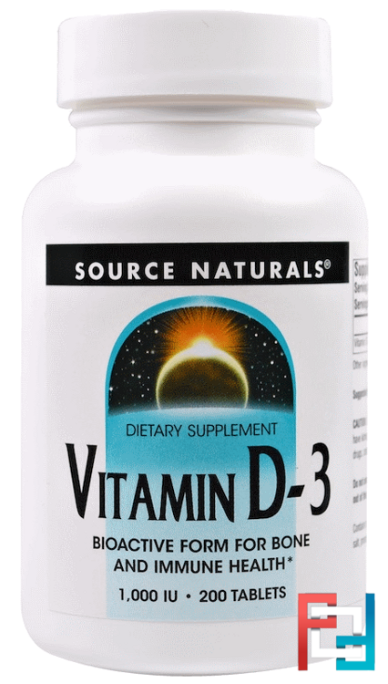 Vitamin D-3, 1,000 IU, Source Naturals, 200 Tablets