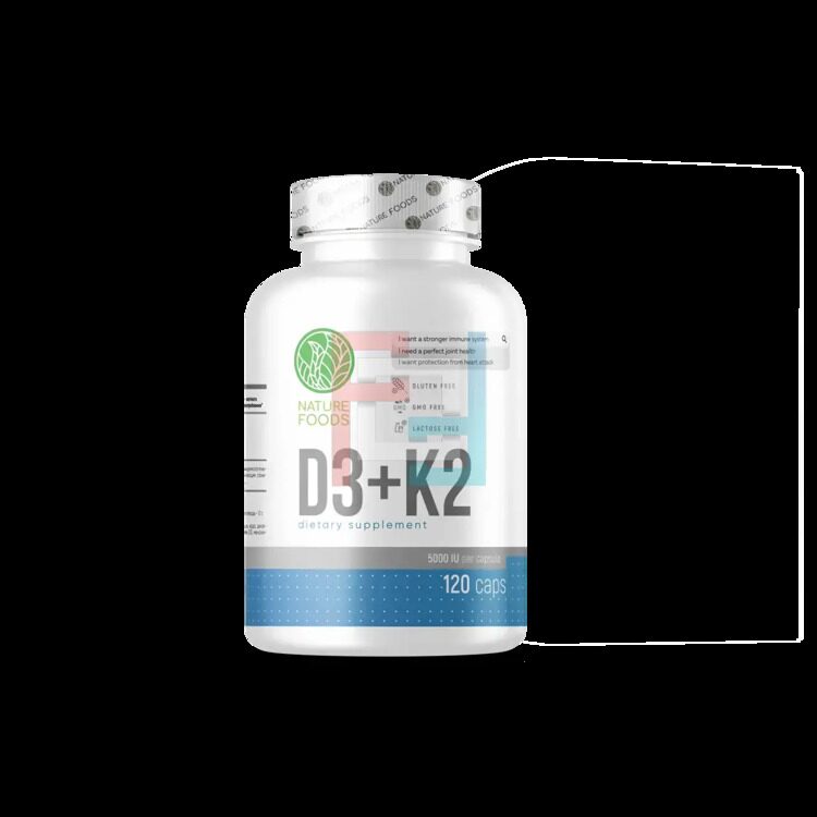 Витамин D3+K2, Vitamin D3+K2, Nature Foods, 120 caps