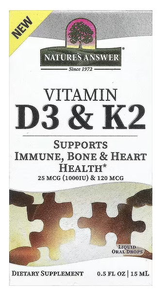 Витамины Д3 и K2, 25 мкг / 1000 МЕ и 120 мкг, Vitamin D3 & K2, Nature's Answer, 0.5 fl oz, 15 ml