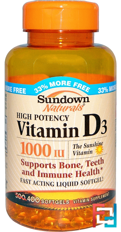 Vitamin D3, 1000 IU, Sundown Naturals, 400 Softgels