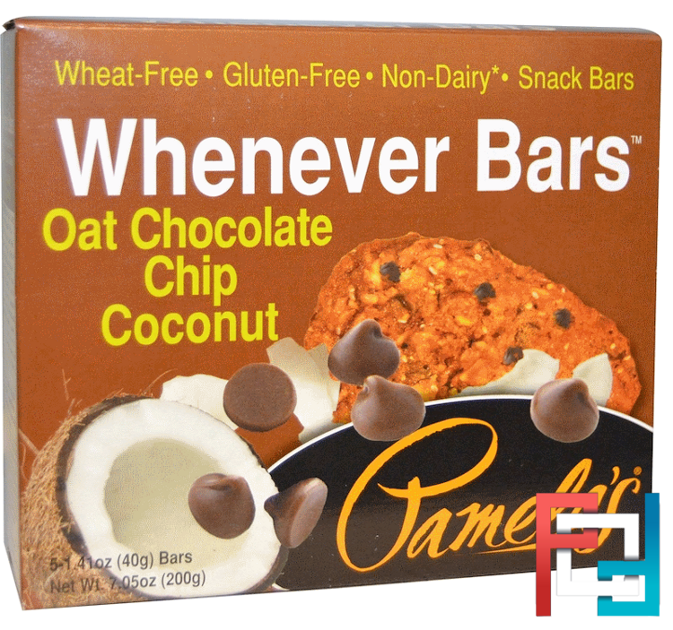 Whenever Bars, Oat Chocolate Chip Coconut, Pamela's Products, 5 Bars, 1.41 oz (40 g) Each
