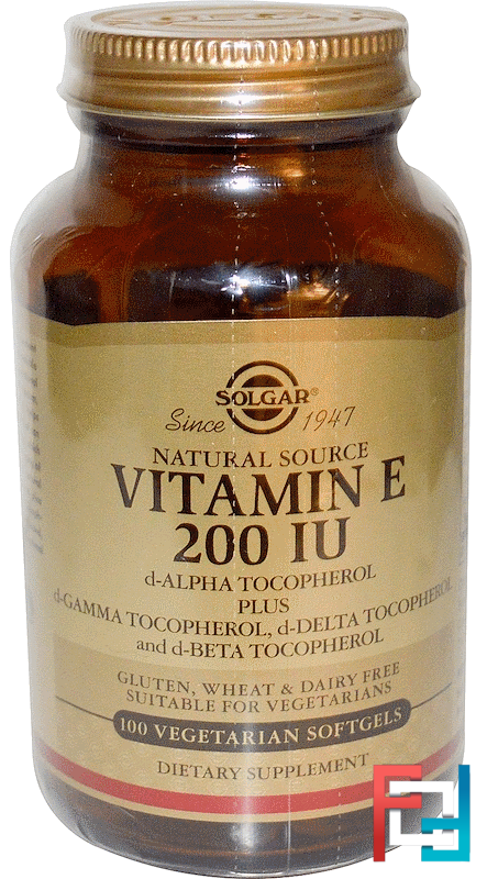 Natural Vitamin E, 200 IU, d-Alpha Tocopherol & Mixed Tocopherols, Solgar, 100 Vegetarian Softgels