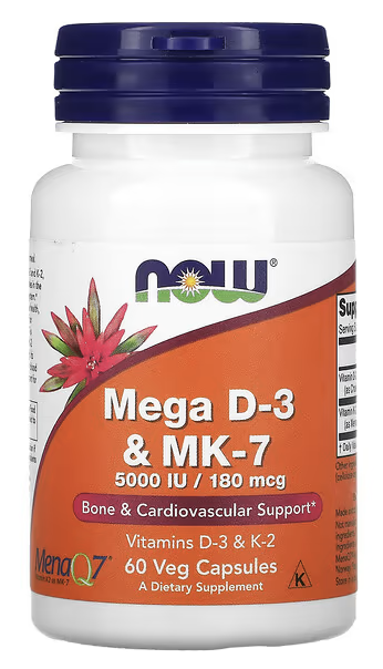 Мега D3 и MK-7, Mega D-3 & MK-7, Now Foods, 180 mcg / 5000 IU, 60 Veg Capsules