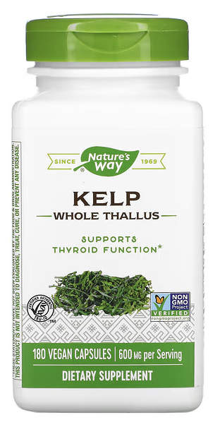 Бурые водоросли, цельный таллом, Kelp, Nature's Way, 600 mg, 180 Vegetarian Capsule