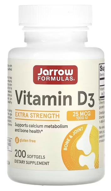 Vitamin D3, Cholecalciferol, Extra Strength, Jarrow Formulas, 25 mcg, 1000 IU, 200 Softgels