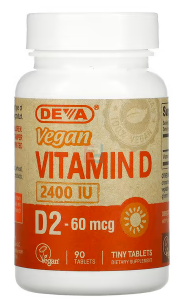 Vitamin D, D2, Vegan, Deva, 60 mcg, 2400 IU, 90 Tablets