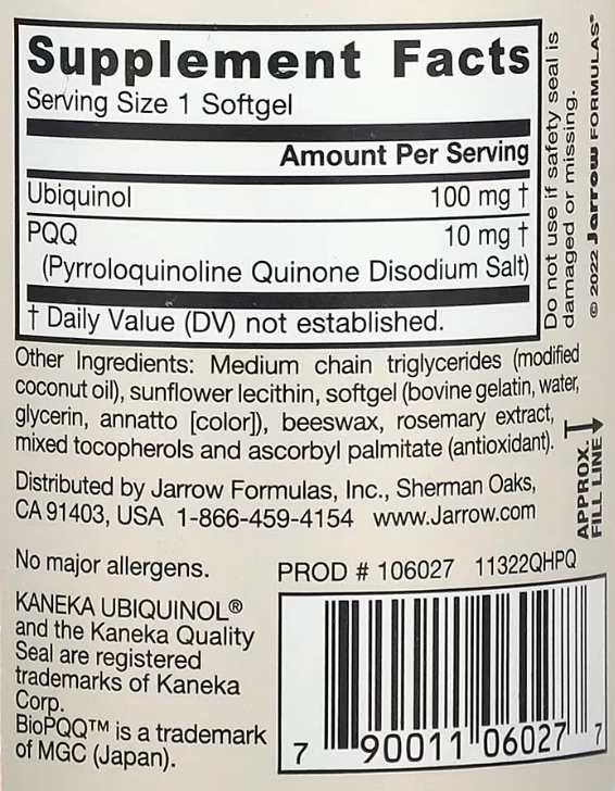 Убихинол (Kaneka QH®) 100 мг + BioPQQ™ (двунатриевая соль пирролохинолинхинона) 10 мг, QH-Absorb и пирролохинолинхинон, Ubiquinol, QH - Absorb + PQQ, Jarrow Formulas, 60 Softgels