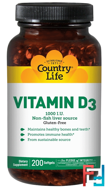 Vitamin D3, Country Life, 1000 IU, 200 Softgels