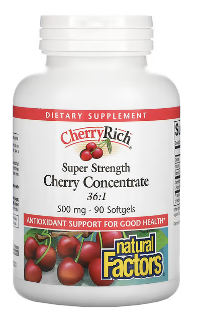 Концентрат вишни, супер эффективность, CherryRich, Super Strength Cherry Fruit Extract, Natural Factors, 500 mg, 90 Softgels