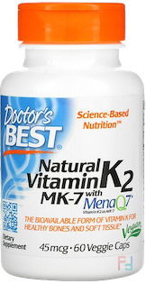 Natural Vitamin K2 MK-7 with MenaQ7, Doctor's Best, 45 mcg, 60 Veggie Caps