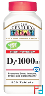 Vitamin D3 High Potency, 21st Century, 1000 IU, 500 Tablets