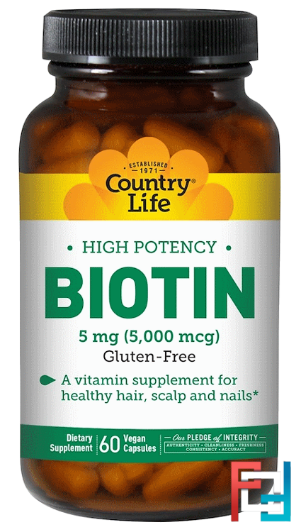 Biotin, High Potency, Country Life, 5 mg, 60 Vegan Caps