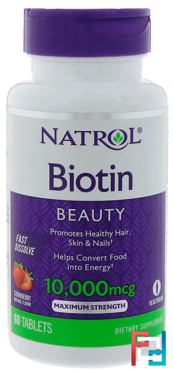 Biotin, Natural Strawberry Flavor, 10,000 mcg, Natrol, 60 Tablets