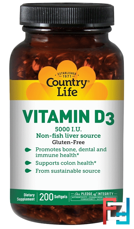 Vitamin D3, Country Life, 5,000 IU, 200 Softgels