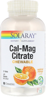 Cal-Mag Citrate, with Vitamin D3 & K2, Natural Orange Flavor, Solaray, 90 Chewables