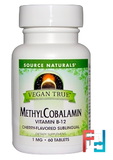 Vegan True, MethylCobalamin, Cherry Flavor, 1 mg, Source Naturals, 60 Sublingual Tablets