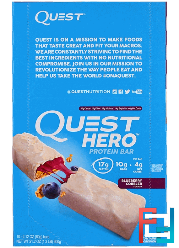 Hero Protein Bar, Blueberry Cobbler, Quest Nutrition, 10 Bars, 2.12 oz (60 g) Each