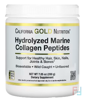 Hydrolyzed Marine Collagen Peptides, гидролизованные пептиды морского коллагена, без добавок, California Gold Nutrition, Unflavored / Без вкуса, 7.05 oz, 200 g