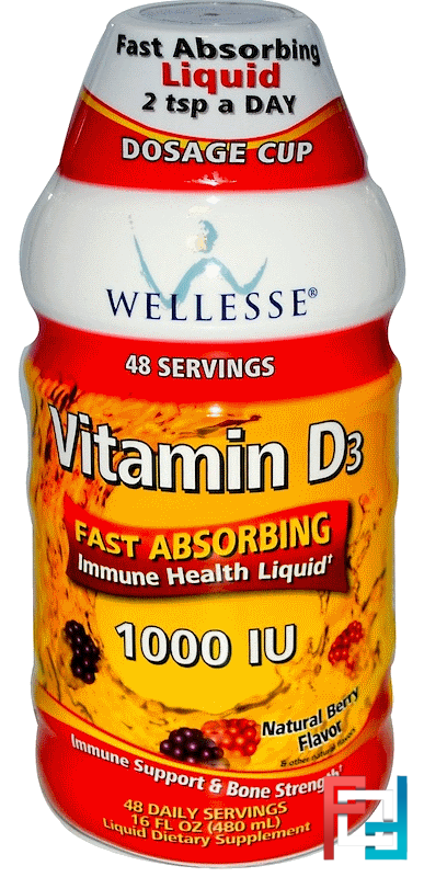 Vitamin D3, Natural Berry Flavor, Wellesse Premium Liquid Supplements, 1000 IU, 16 fl oz (480 ml)