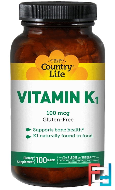 Vitamin K1, Country Life, 100 mcg, 100 Tablets