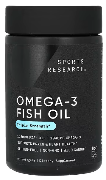 Рыбий жир с омега-3, тройная сила, Omega-3 Fish Oil, Triple Stength, Sports Research, 1250 mg, 90 Softgels