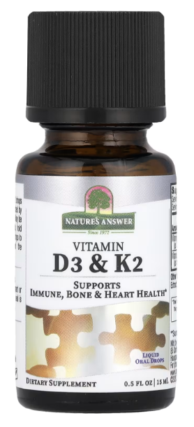 Витамины Д3 и K2, 25 мкг / 1000 МЕ и 120 мкг, Vitamin D3 & K2, Nature's Answer, 0.5 fl oz, 15 ml