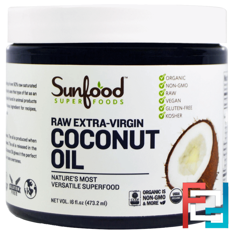 Coconut Oil, Raw Extra-Virgin, Sunfood, 16 fl oz (473.2 ml)